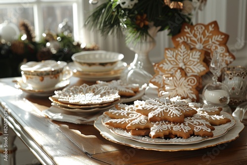 Decorated Christmas cookies in the shape of snowflakes with icing on a white plate on a wooden table  winter dessert.