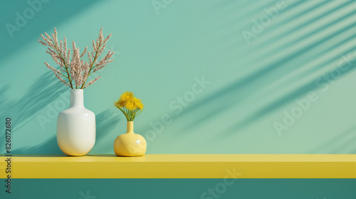 Fouce on a yellow podium on the shelf next to a green wall photo