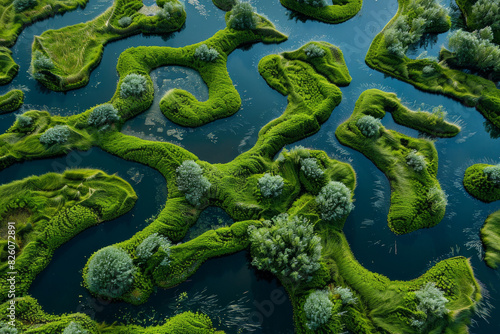 Aerial view of intricate water patterns and vegetation in wetlands, creating an abstract, minimalist composition. 