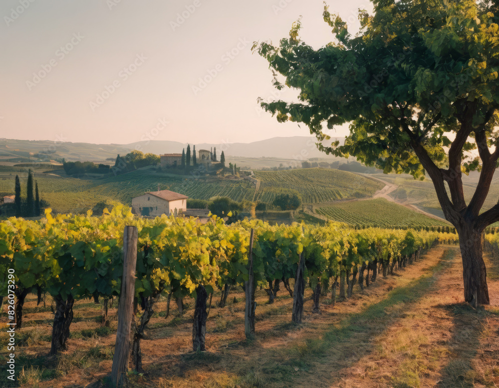 Naklejka premium La luce del mattino accarezza i vigneti, risvegliando la natura e promettendo una giornata splendida. 