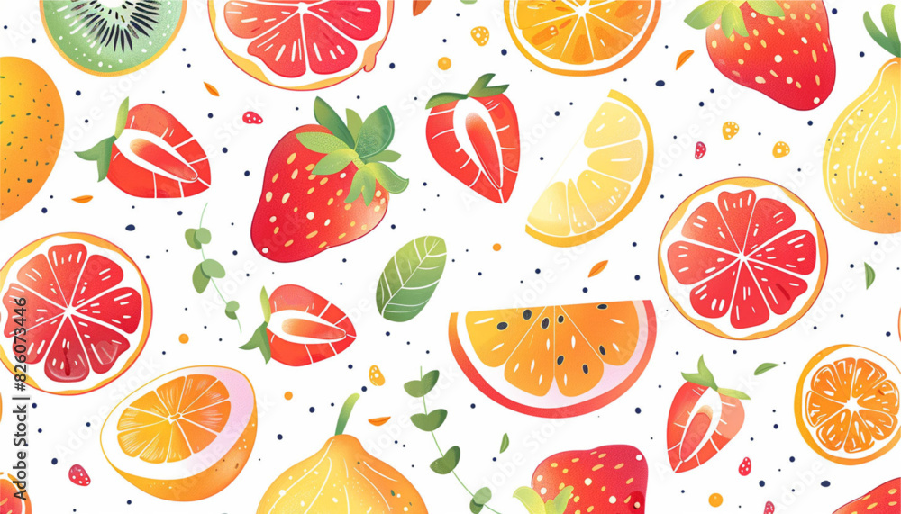 lemon, grapefruit, citrus, strawberry, blueberry, kiwi, cherry fruits seamless vector pattern in bright colors. Vibrant summertime surface print design. For fabrics, stationery and packaging. lemon, grapefruit, citrus, strawberry, blueberry, kiwi, cherry fruits seamless vector pattern in bright colors. Vibrant summertime surface print design. For fabrics, stationery and packaging.