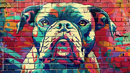 Dynamic Pop Art Comic Street Graffiti Featuring a Playful Dog on a Brick Wall. Creative and Colorful Poster Design. 