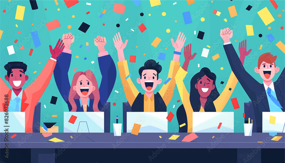 Success team concept illustration, business people celebrate success achievement, confetti flying. Success team concept illustration, business people celebrate success achievement, confetti flying.