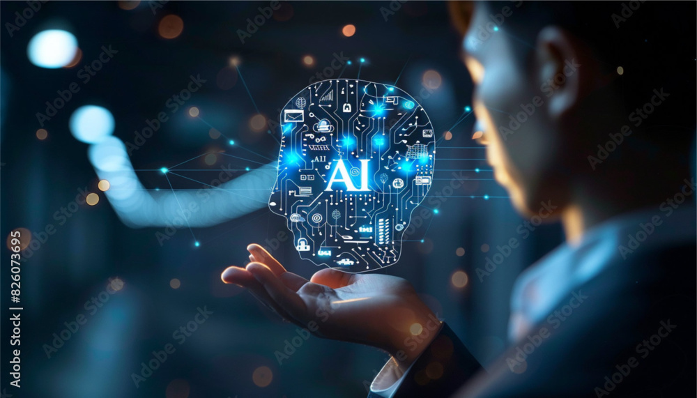 Artificial Intelligence AI, Person hand holding holographic orb Artificial Intelligence (AI) icon from the screen, Internet of Things IoT concept. Artificial Intelligence AI, Person hand holding holographic orb Artificial Intelligence (AI) icon from the screen, Internet of Things IoT concept.