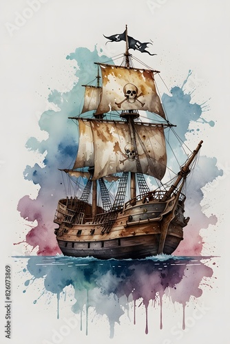 Pirate ship in watercolor style