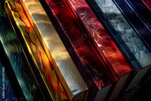 Macro photography of books highlighting the intricate designs and golden accents on their spines photo