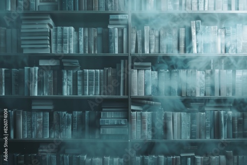 A moody and atmospheric image of library shelves obscured by a foggy or misty effect, creating mystery