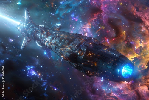 Wide-angle view of a futuristic spaceship exploring distant galaxies