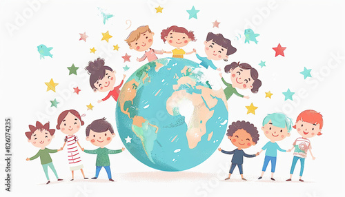 Family holding hands together with earth and heart, paper illustration.. Family and love concept vector