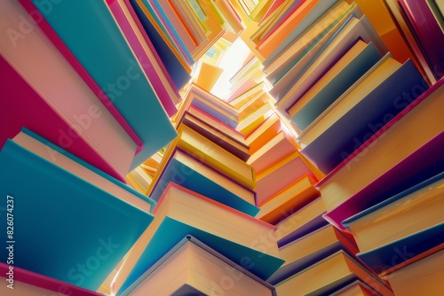 Vibrant and colorful books arrayed to form a tunnel with a perspective leading towards light photo