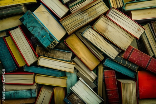 An assortment of hardcover books in various colors and sizes stacked in a disorganized manner photo