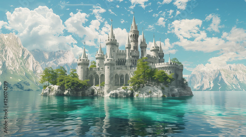 A castle is in the middle of a lake with a bridge connecting it to the shore. The castle is surrounded by trees and rocks, and the water is calm and clear. The scene is peaceful and serene photo