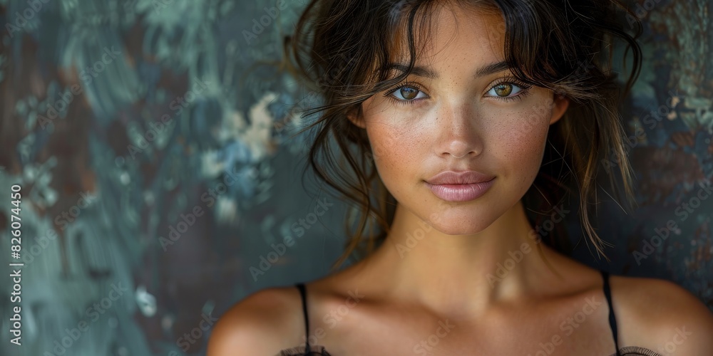Captivating portrait of a woman with freckles in a natural rustic setting, exuding charm and grace Captivating portrait of a woman with freckles in a natural rustic setting, exuding charm and grace