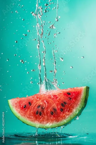 A dynamic close-up of a watermelon wedge with water splashing around it, against a teal background