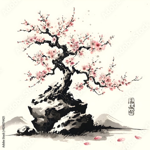 Ein Kirschblüten-Bonsai im traditionellen Sumi-e Stil in einer flachen Schale. Die detaillierten Äste tragen zarte rosa Blüten, die kunstvoll und lebendig wirken, auf cremefarbenem Hintergrund photo