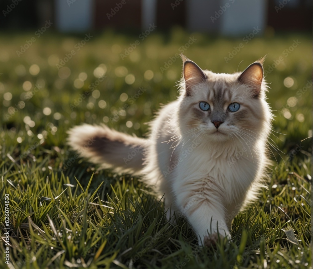 A white cat runs through the bright green grass, the sun is bright A white cat runs through the bright green grass, the sun is bright