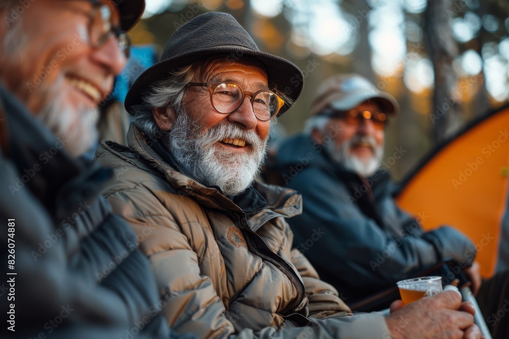 Joyful elderly man with a beard enjoying a laugh with friends in a natural setting