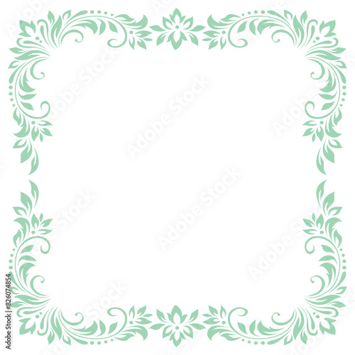Square vintage frame, border of stylized leaves, flowers and curls in light green lines on white background. Vector backdrop, wallpaper