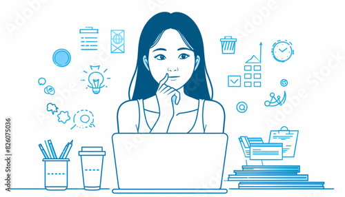 Young girl sitting at laptop and having an online class at home, concept of remote learning or tutorial in flat design