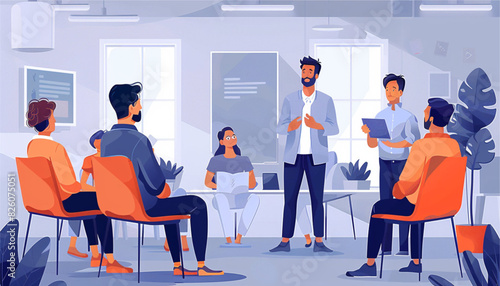 Business man teacher giving employee people lecture or presentation at board room. Boss showing diagram pointing at whiteboard. Conference hall, flipchart, projector screen. Flat vector illustration.
