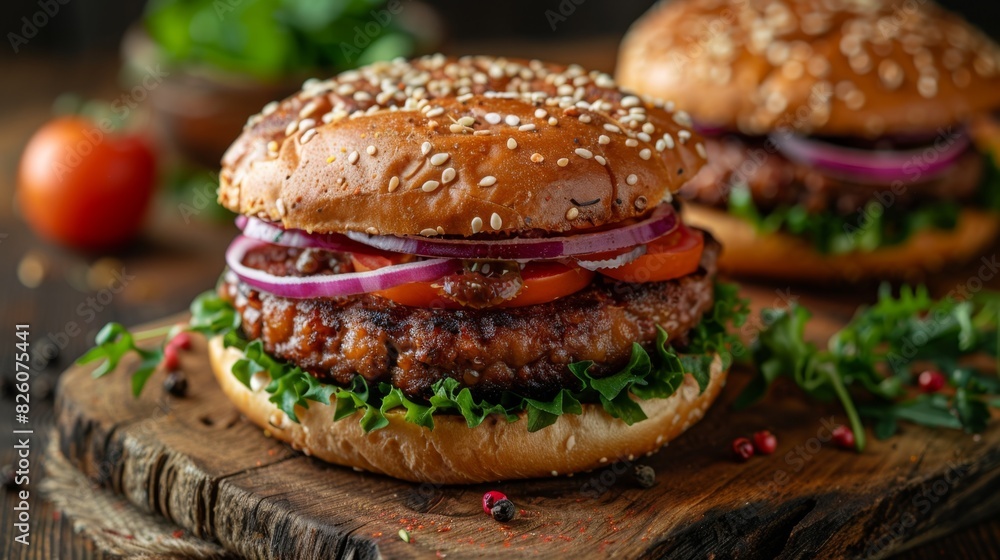 vegetarian burger with plant-based patty and fresh toppings on a rustic table, promoting meat substitutes in fast food vegetarian burger with plant-based patty and fresh toppings on a rustic table, promoting meat substitutes in fast food