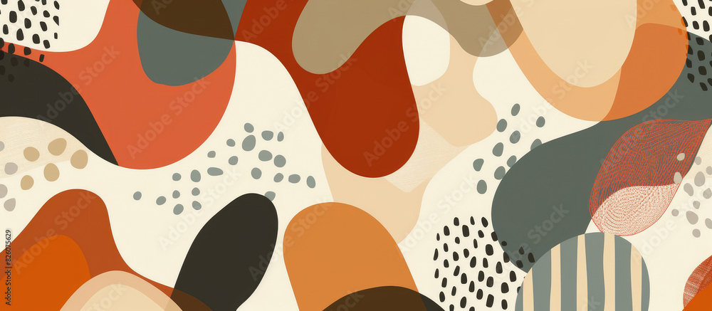 Abstract geometric shapes in earth colors with spots and stripes in an organic pattern, with a mix of green, orange, brown and black Abstract geometric shapes in earth colors with spots and stripes in an organic pattern, with a mix of green, orange, brown and black