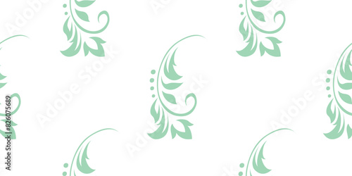 Vintage seamless plant pattern of light green stylized stems, leaves and curls on white background. Retro style. Vector backdrop, texture for victorian wallpapers, wrapping paper, fabric