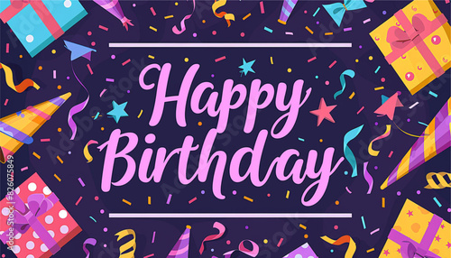 Happy birthday text vector template design. Birthday greeting in circle space for typography with cake and balloons party decoration elements in pattern background. Vector Illustration.