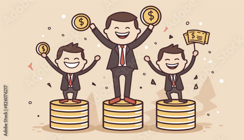 Vector illustration of businessman proudly standing on the huge money staircase. Flat style business concept