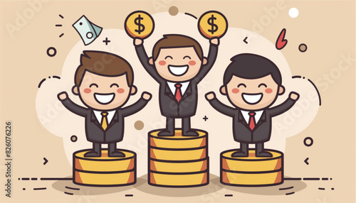 Vector illustration of businessman proudly standing on the huge money staircase. Flat style business concept