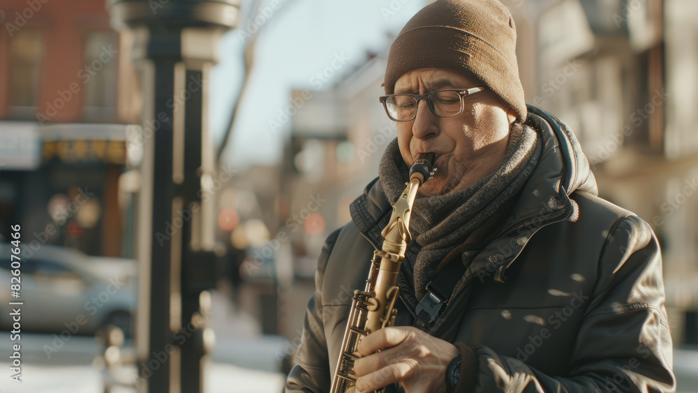 Street musician passionately plays the saxophone in an urban setting. Street musician passionately plays the saxophone in an urban setting.