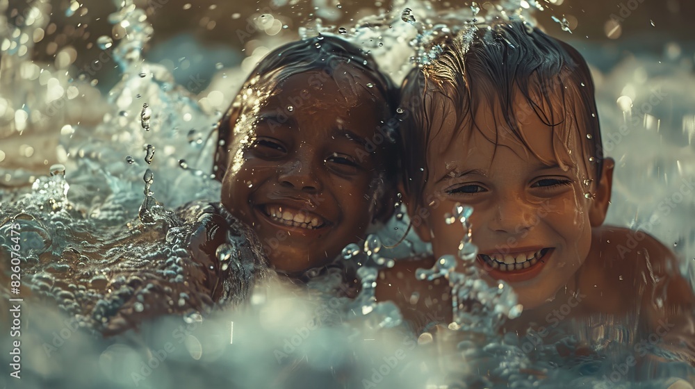 Happy Multiracial Children Enjoying Time Together in Sunlit Pool at Summer Fun Park. Family holiday time. Generative ai. Happy Multiracial Children Enjoying Time Together in Sunlit Pool at Summer Fun Park. Family holiday time. Generative ai.