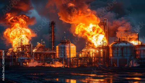 A large oil facility was on fire with smoke and flames in the sky