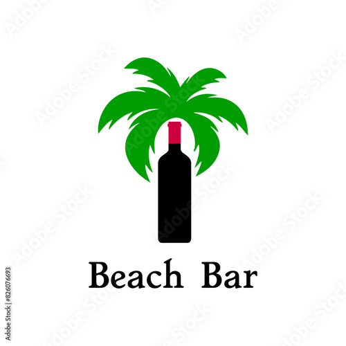 Logo Beach Bar. Silueta de botella de vino con forma de la palma