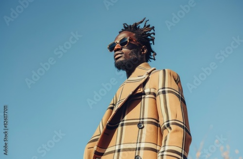 Fashionable Young Man in Plaid Jacket with Sunglasses Outdoors