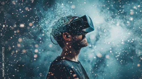 A person wearing a virtual reality headset immersed in a digital world
