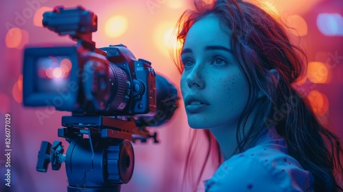 Using modern filming equipment, a woman videographer stands near a tripod and shoots a news report or a film. A girl working as a producer or director in a film studio stands near a professional © DZMITRY