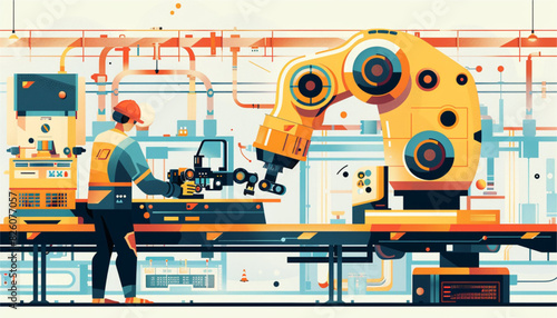 factory automated mechanized conveyor line. Industrial automated robotic conveyor, production vector illustration. Electronic factory assembly line with plant workers
