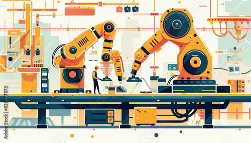 factory automated mechanized conveyor line. Industrial automated robotic conveyor, production vector illustration. Electronic factory assembly line with plant workers