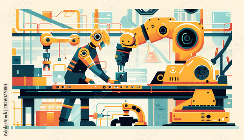 factory automated mechanized conveyor line. Industrial automated robotic conveyor, production vector illustration. Electronic factory assembly line with plant workers