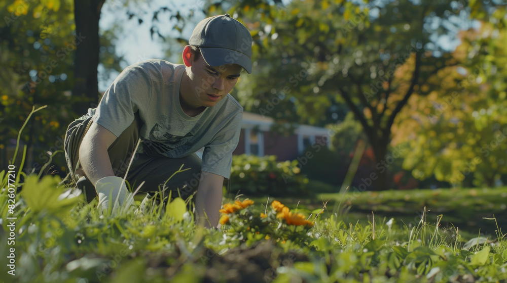 Gardener immersed in his work, tending to a vibrant flowerbed under the warm sun. Gardener immersed in his work, tending to a vibrant flowerbed under the warm sun.