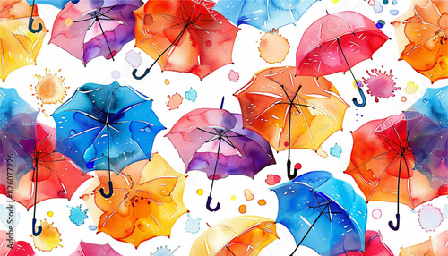 Vector illustration colorful fly, soaring umbrellas background. Flat Design