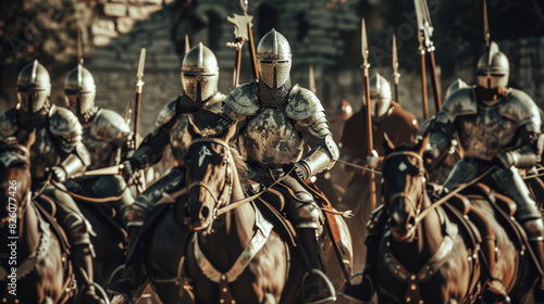 Knights in armor charge into battle, a scene from a dramatic historical reenactment. © VK Studio
