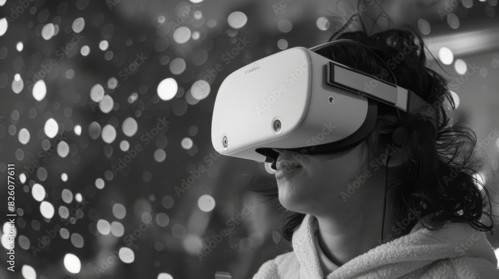A person wearing a virtual reality headset immersed in a digital world A person wearing a virtual reality headset immersed in a digital world