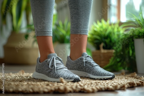 Close-up of person's feet in grey sneakers, standing on a woven rug at home