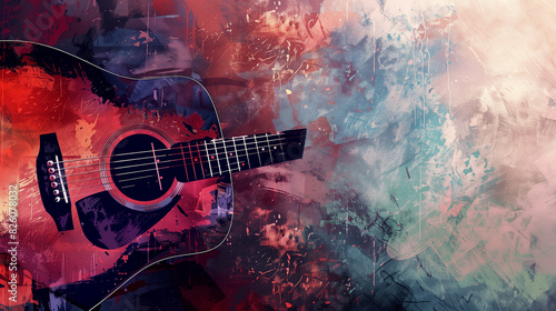 A guitar is painted in a colorful and abstract style, with splatters of paint all over it. Scene is energetic and creative photo