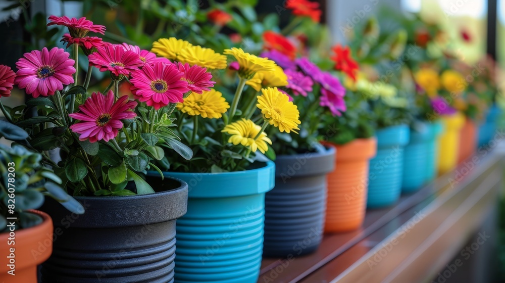 Fototapeta premium balcony displays organized with vibrant flower pots, showcasing urban gardening theme alongside miniature garden tools
