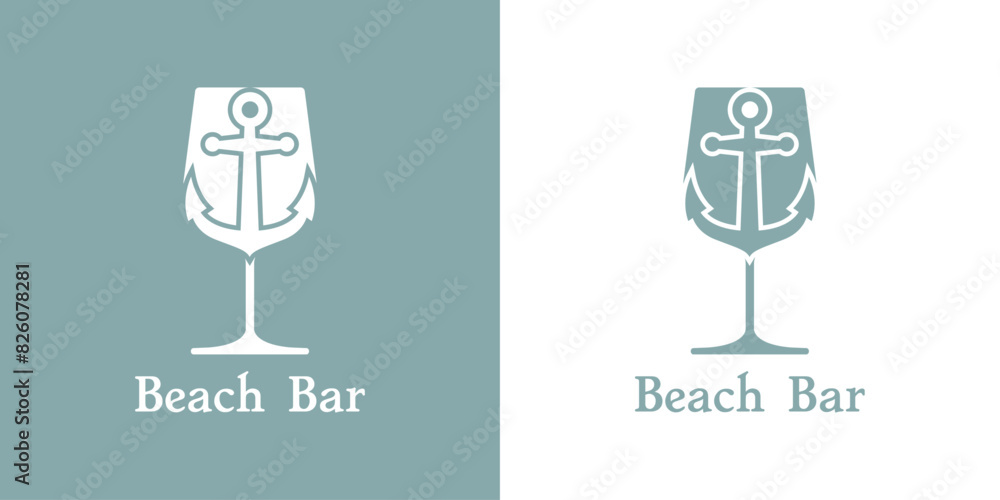 Logo beach bar. Silueta de copa de vino o bebida alcohólica con ancla de barco Logo beach bar. Silueta de copa de vino o bebida alcohólica con ancla de barco