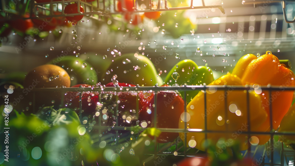 Vibrant water droplets on colorful vegetables in a dishwasher. Vibrant water droplets on colorful vegetables in a dishwasher.