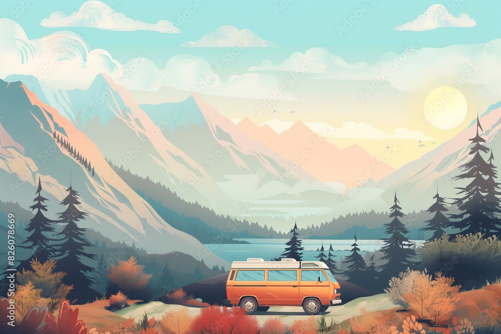 Beautiful nature landscape and campervan. Motorhome, road trip, travel and vacation concept